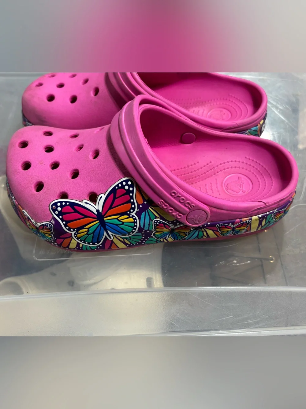 Kids Pink Butterfly Crocs size 3